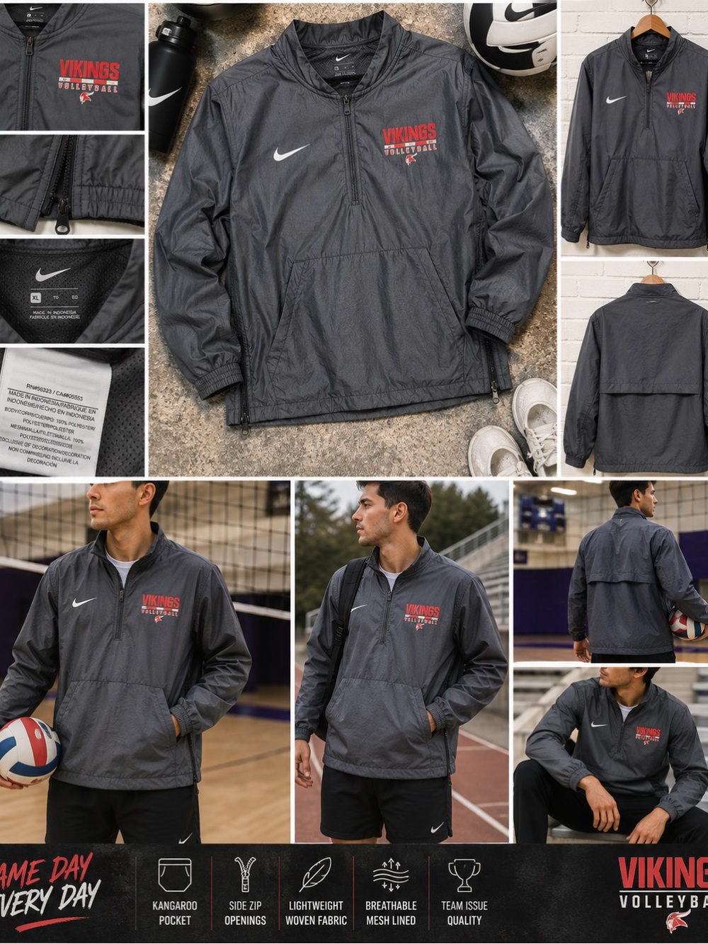 Nike Team Vikings Volleyball Windbreaker Jacket Men’s XL Gray Quarter Zip Travel